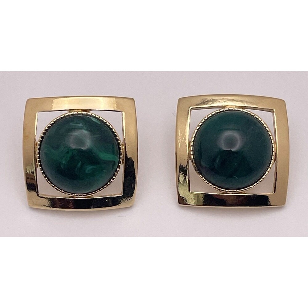 St. Patrick’s Day Green Faux Malachite Goldtone Square Statement Earring Pierced